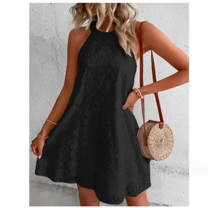 Detailed view of the women's summer solid color sleeveless halter neck hollow mini dress.