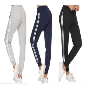 Women Side Stripe Sweatpants Joggers Polyester Cotton Elastic Waist Drawstring Tapered Leg Casual Sports Trousers With Pockets