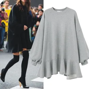 Vestido Sudadera Grande para Mujer Otoño Invierno Color Sólido Manga Larga Dobladillo con Volantes Mangas Abullonadas Cuello Redondo