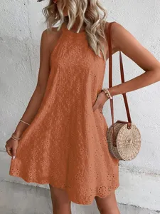 Women Summer Halter Neck Sleeveless Eyelet Embroidered Mini Dress Casual Chic Beachwear