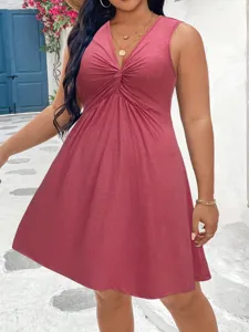 Women Sleeveless V-Neck Twist Knot Ruched Waist Maxi Dress Polyester Cotton Blend Solid Color Elegant Casual Plus Size Dress
