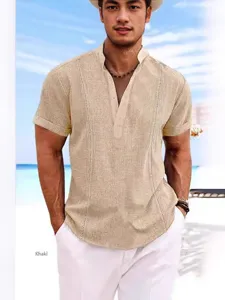 Men's casual short sleeve linen shirt khaki summer beach breathable button down top