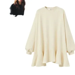 Vestido sudadera oversize para mujer manga larga dobladillo con volantes beige moda