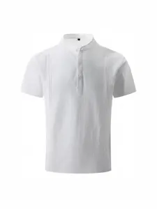 Men's solid white short sleeve linen casual shirt Cuban Henley collar summer top.