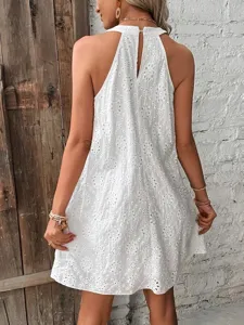White eyelet halter summer dress for women, backless sleeveless casual beach mini dress.
