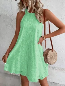 Summer women's sleeveless halter neck eyelet embroidery casual green mini dress