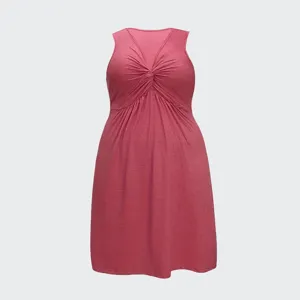 Sleeveless V-neck front twist dress detail showing the refined ruched bodice and waist design.