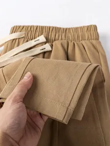 Mens casual trousers khaki pure cotton vintage double pleated elastic waist long pants