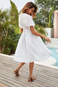 White lace beach cover-up dress for women, sexy short sleeve flowy summer resort wear.