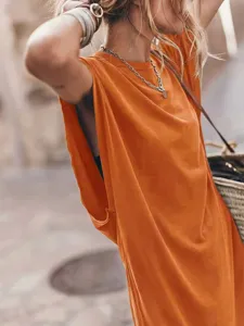 Women casual orange round neck maxi dress summer loose sleeveless side slit long dress apparel