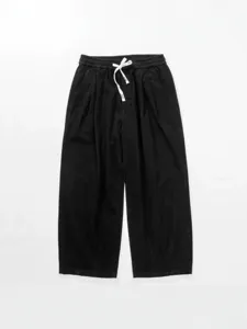 Men's Japanese style casual pants pure cotton double pleated loose long trousers black