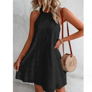 Women black halter neck sleeveless lace hollow out mini summer casual beach dress