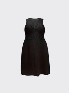 Black sleeveless v-neck mini dress with front knot and waist gathering for women.