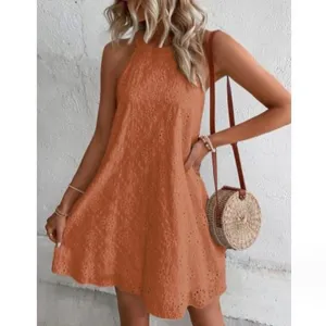 Women's Summer Casual Halter Neck Sleeveless Eyelet Mini Dress Solid Color Beach Sundress