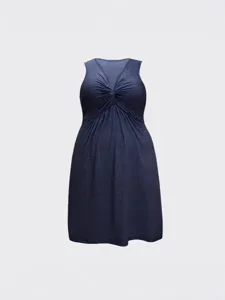 Women sleeveless v-neck twist front pleated dress dark blue summer casual midi dress