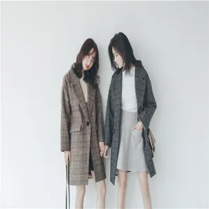 Detail view of women mid-length plaid woolen coat featuring stylish lapel and elegant autumn style design