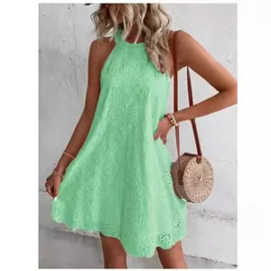 Summer women's mint green halter sleeveless dress with eyelet lace embroidery design.