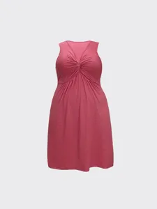 Sleeveless V-neck twist front pink mini dress with pleated waist for women casual wear