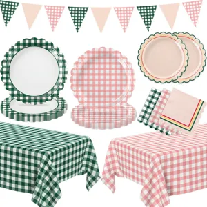 Gingham Party Supplies Set Pink Green Plaid Scalloped Edge Paper Plates Napkins PEVA Tablecloth Banners For Birthday Picnic Event