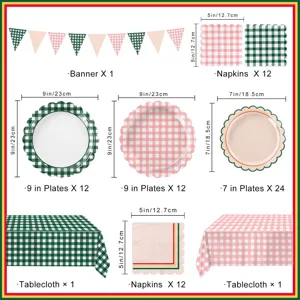 Green and pink plaid party supplies set including banner, plates, napkins and tablecloth.