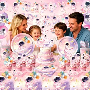 Rosa Astronaut Weltall Party Deko Set mit Tellern Bechern Banner und Luftballons.