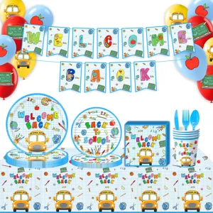 Schulanfang Motto Party Zubehör Willkommens Banner Pappteller Servietten Becher Tischdecke Ballon Kuchen Deko Set Für Klassen Dekoration