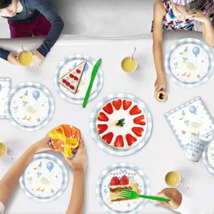 Blaues Gans Thema Party Geschirr Set mit bunten Papptellern Bechern fur Kindergeburtstag.
