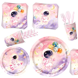 Rosa Astronauten Party Geschirr Set Pappteller Becher Servietten Kindergeburtstag.