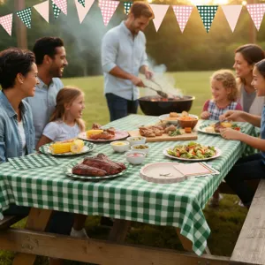 Green checkered party supplies set including tablecloth plates napkins and banner for outdoor events