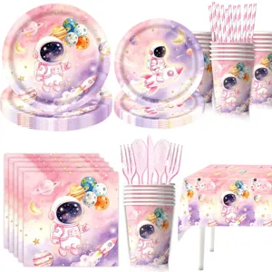 Rosa Astronauten Party Geschirr Set mit Pappteller, Bechern, Servietten und Tischdecke für Kinder.