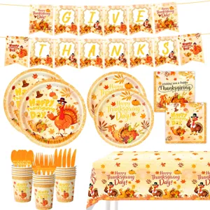 Thanksgiving Party Deko Set mit Banner Teller Servietten Bechern und herbstlicher Tischdecke