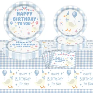 Blau Gans Thema Geburtstag Party Geschirr Set Kariert Pappteller Becher Servietten Tischdecke Einweg Geburtstag Dekoration Party Zubehör Für Kinder