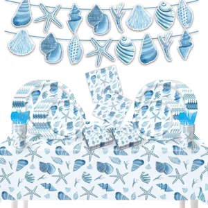 Blaues Muschel Thema Party Geschirr Set mit Tellern Bechern Servietten Tischtuch und Banner.