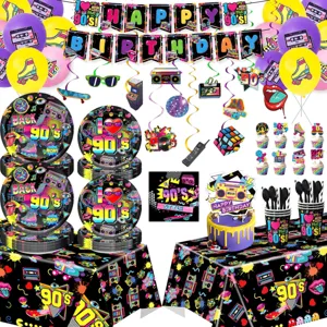 Set de decoracion de fiesta retro anos 90 con pancarta platos vasos mantel para cumpleanos.