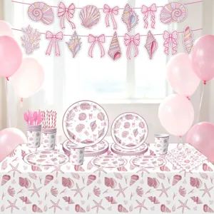 Rosa Muschel Thema Party Zubehör Set mit Einwegtellern, Bechern, Tischdecke und Servietten.