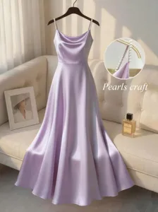 Elegant satin slip evening dress with pearl straps, solid purple party dress for women.