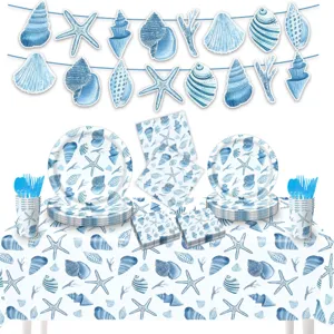 Blaues Muschel Thema Party Zubehör Set mit Tischdecke Teller Bechern Servietten Girlande.