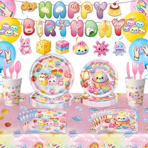Regenbogen Mochi Party Geschirr Set Pappteller Becher Servietten Banner Dekoration
