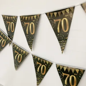 Black gold 70th birthday banner triangular flags hanging party decoration scene supplies.