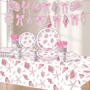 Rosa Muschel Thema Party Zubehoer Set mit Einwegtellern Bechern Tischdecke Servietten