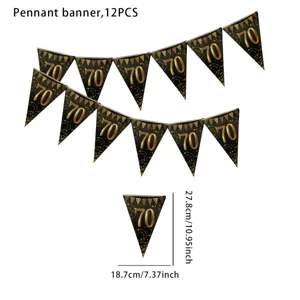 Black and gold 70th birthday party pennant banner decoration supplies 12 pieces set.