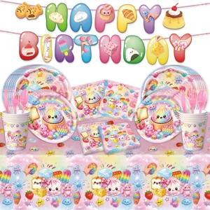 Niedliches Regenbogen Baozi Party Geschirr Set mit Tellern Bechern Servietten Banner.