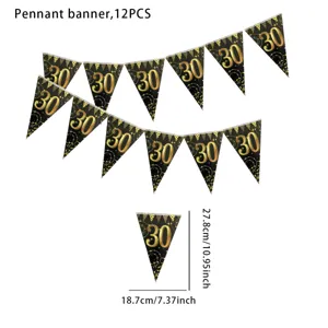 Black gold 30th birthday pennant banner 12pcs party hanging decoration flags supply
