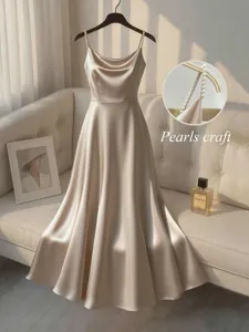 Elegant Satin Cowl Neck Spaghetti Strap Dress With Artificial Pearl Handmade Beading Sleeveless Evening Party Gown Long Dress