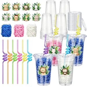 Jungle animal theme plastic party cups with straws and fillers for kids birthday party drinks.