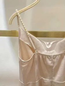 Elegant satin slip dress with pearl strap for women, solid color formal evening party gown.