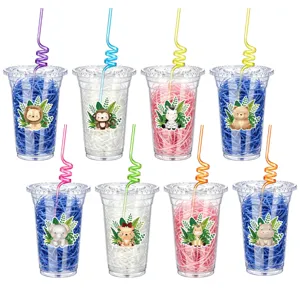 Plastic party cups with colorful straws animal stickers shredded paper for kids birthday set
