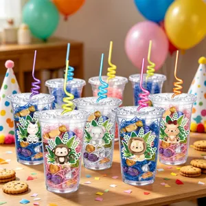 Cute Cartoon Animal Theme Plastic Gift Cups With Colorful Straws For Children Birthday Party Supplies Disposable Drinkware