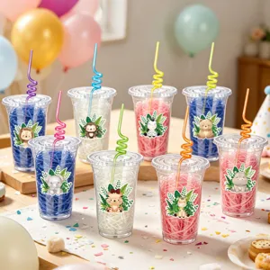 Animal theme plastic cups for kids birthday party, cute animal stickers and straws, 8 pack.