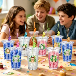 Animal theme plastic cups detail showing cute jungle animals design with colorful straws and fillers.